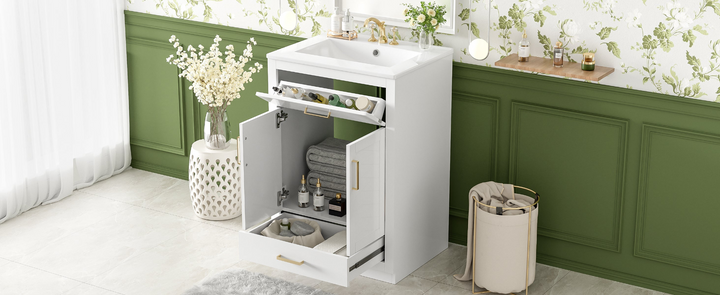 Buy farmhouse furniture Modern Bathroom Vanity with Integrated Ceramic Sink, Double Door Cabinet & Tip-Out Drawer – Space-Saving Design for Small to Medium Bathrooms - Modern Cottage Farmhouse Furniture