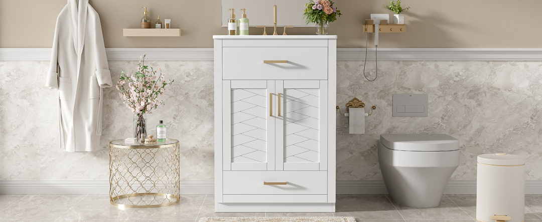 Buy farmhouse furniture Modern Bathroom Vanity with Integrated Ceramic Sink, Double Door Cabinet & Tip-Out Drawer – Space-Saving Design for Small to Medium Bathrooms - Modern Cottage Farmhouse Furniture