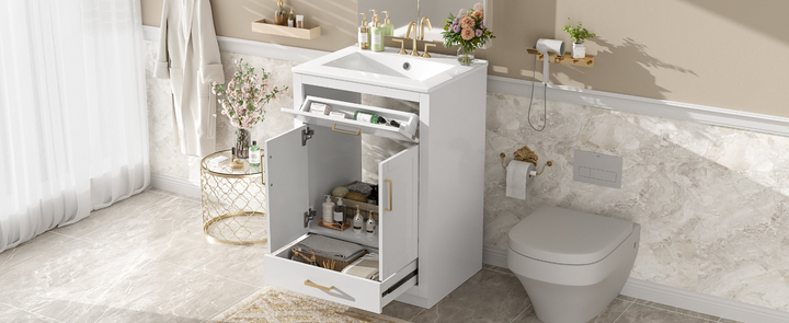 Buy farmhouse furniture Modern Bathroom Vanity with Integrated Ceramic Sink, Double Door Cabinet & Tip-Out Drawer – Space-Saving Design for Small to Medium Bathrooms - Modern Cottage Farmhouse Furniture