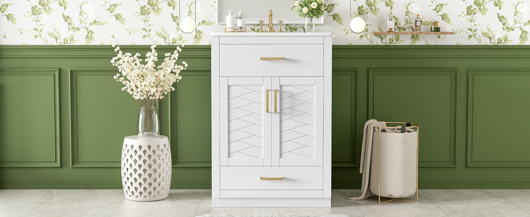 Buy farmhouse furniture Modern Bathroom Vanity with Integrated Ceramic Sink, Double Door Cabinet & Tip-Out Drawer – Space-Saving Design for Small to Medium Bathrooms - Modern Cottage Farmhouse Furniture
