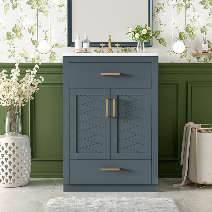 Buy farmhouse furniture Modern Bathroom Vanity with Integrated Ceramic Sink, Double Door Cabinet & Tip-Out Drawer – Space-Saving Design for Small to Medium Bathrooms - Modern Cottage Farmhouse Furniture