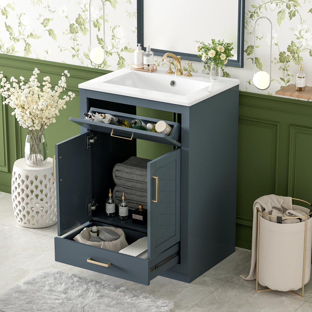 Buy farmhouse furniture Modern Bathroom Vanity with Integrated Ceramic Sink, Double Door Cabinet & Tip-Out Drawer – Space-Saving Design for Small to Medium Bathrooms - Modern Cottage Farmhouse Furniture