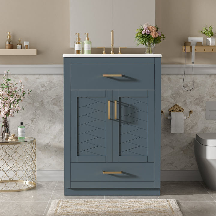 Buy farmhouse furniture Modern Bathroom Vanity with Integrated Ceramic Sink, Double Door Cabinet & Tip-Out Drawer – Space-Saving Design for Small to Medium Bathrooms - Modern Cottage Farmhouse Furniture