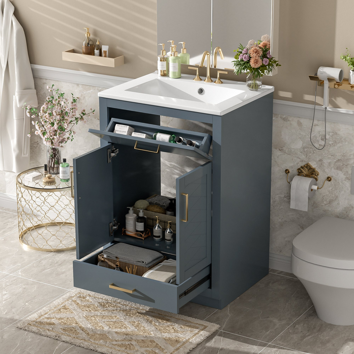 Buy farmhouse furniture Modern Bathroom Vanity with Integrated Ceramic Sink, Double Door Cabinet & Tip-Out Drawer – Space-Saving Design for Small to Medium Bathrooms - Modern Cottage Farmhouse Furniture
