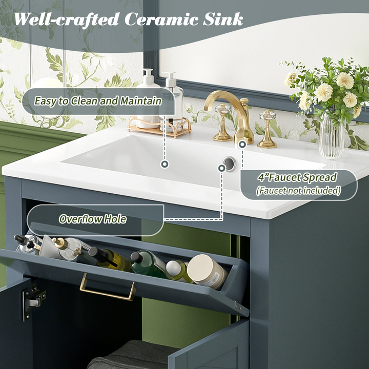 Buy farmhouse furniture Modern Bathroom Vanity with Integrated Ceramic Sink, Double Door Cabinet & Tip-Out Drawer – Space-Saving Design for Small to Medium Bathrooms - Modern Cottage Farmhouse Furniture