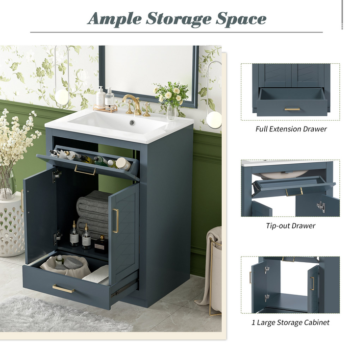 Buy farmhouse furniture Modern Bathroom Vanity with Integrated Ceramic Sink, Double Door Cabinet & Tip-Out Drawer – Space-Saving Design for Small to Medium Bathrooms - Modern Cottage Farmhouse Furniture