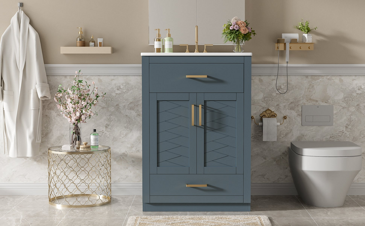 Buy farmhouse furniture Modern Bathroom Vanity with Integrated Ceramic Sink, Double Door Cabinet & Tip-Out Drawer – Space-Saving Design for Small to Medium Bathrooms - Modern Cottage Farmhouse Furniture