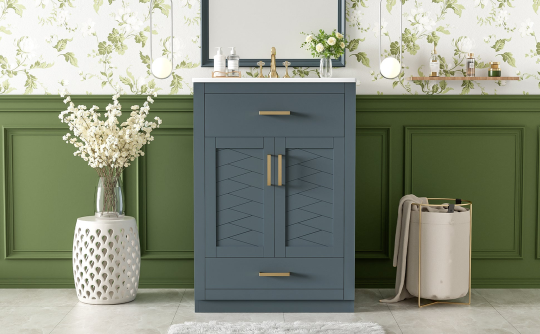 Buy farmhouse furniture Modern Bathroom Vanity with Integrated Ceramic Sink, Double Door Cabinet & Tip-Out Drawer – Space-Saving Design for Small to Medium Bathrooms - Modern Cottage Farmhouse Furniture