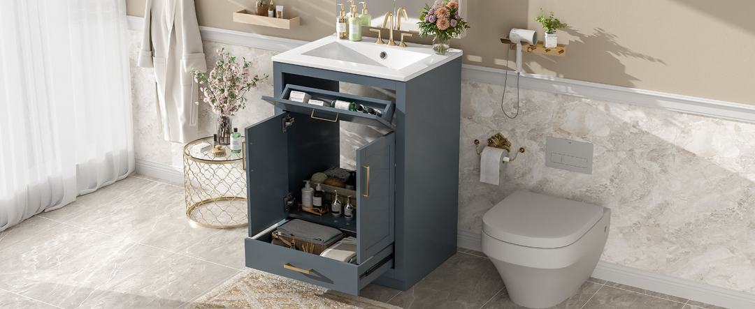 Buy farmhouse furniture Modern Bathroom Vanity with Integrated Ceramic Sink, Double Door Cabinet & Tip-Out Drawer – Space-Saving Design for Small to Medium Bathrooms - Modern Cottage Farmhouse Furniture