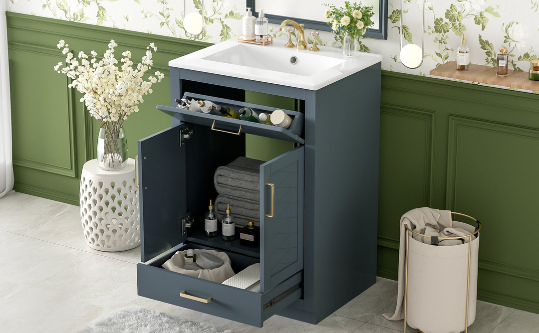 Buy farmhouse furniture Modern Bathroom Vanity with Integrated Ceramic Sink, Double Door Cabinet & Tip-Out Drawer – Space-Saving Design for Small to Medium Bathrooms - Modern Cottage Farmhouse Furniture