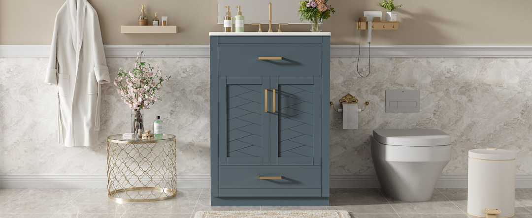 Buy farmhouse furniture Modern Bathroom Vanity with Integrated Ceramic Sink, Double Door Cabinet & Tip-Out Drawer – Space-Saving Design for Small to Medium Bathrooms - Modern Cottage Farmhouse Furniture