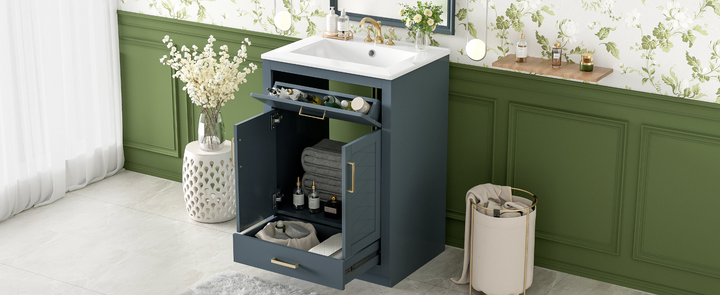 Buy farmhouse furniture Modern Bathroom Vanity with Integrated Ceramic Sink, Double Door Cabinet & Tip-Out Drawer – Space-Saving Design for Small to Medium Bathrooms - Modern Cottage Farmhouse Furniture