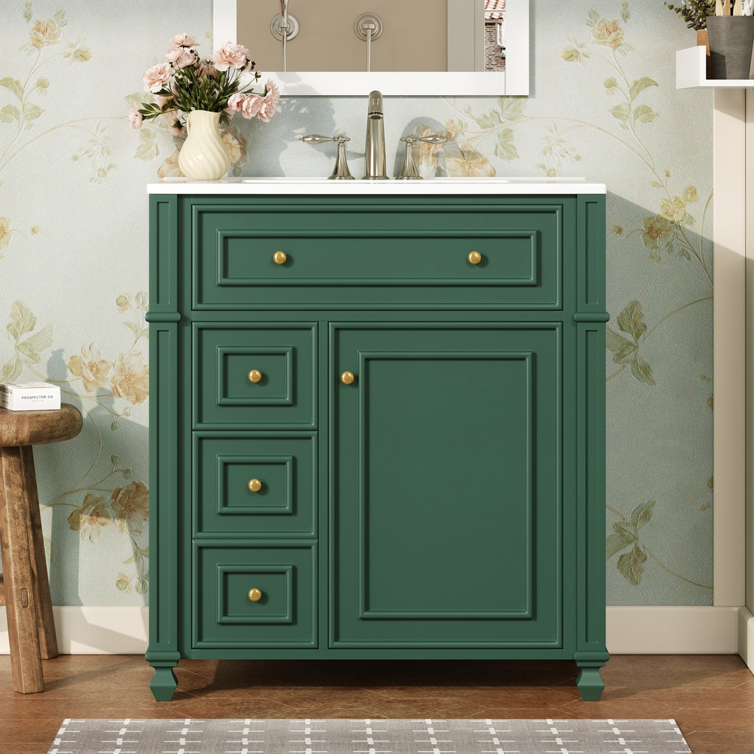 Buy farmhouse furniture Elegant Bathroom Vanity with Ceramic Sink Basin, Soft-Close Doors & Organizer, Furniture-Style Cabinet for Maximized Storage - Modern Cottage Farmhouse Furniture