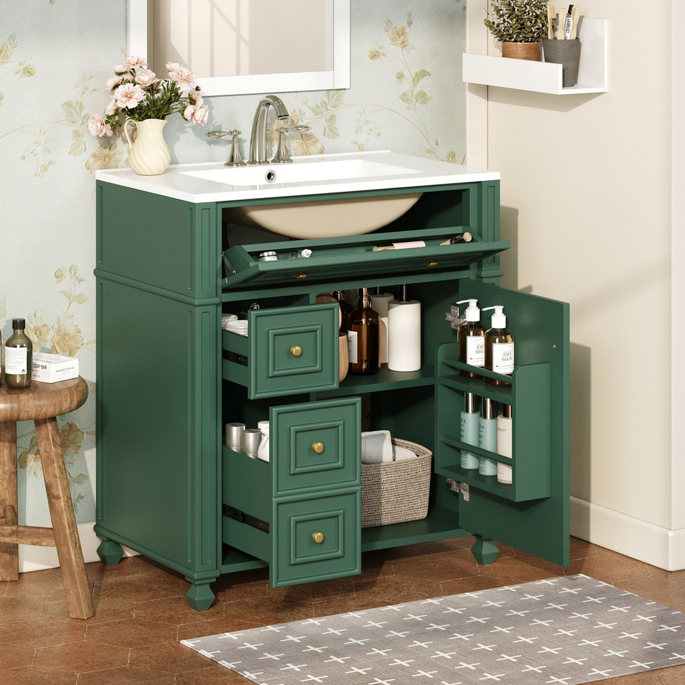 Buy farmhouse furniture Elegant Bathroom Vanity with Ceramic Sink Basin, Soft-Close Doors & Organizer, Furniture-Style Cabinet for Maximized Storage - Modern Cottage Farmhouse Furniture