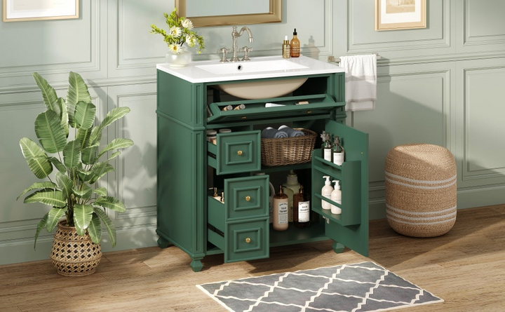 Buy farmhouse furniture Farmhouse Bathroom Vanity | Ceramic Sink Basin, Soft-Close Doors &amp; Storage Cabinet - Modern Cottage Farmhouse Furniture
