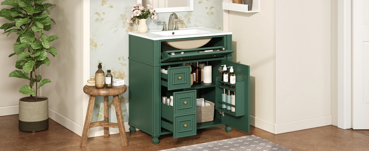 Buy farmhouse furniture Farmhouse Bathroom Vanity | Ceramic Sink Basin, Soft-Close Doors &amp; Storage Cabinet - Modern Cottage Farmhouse Furniture
