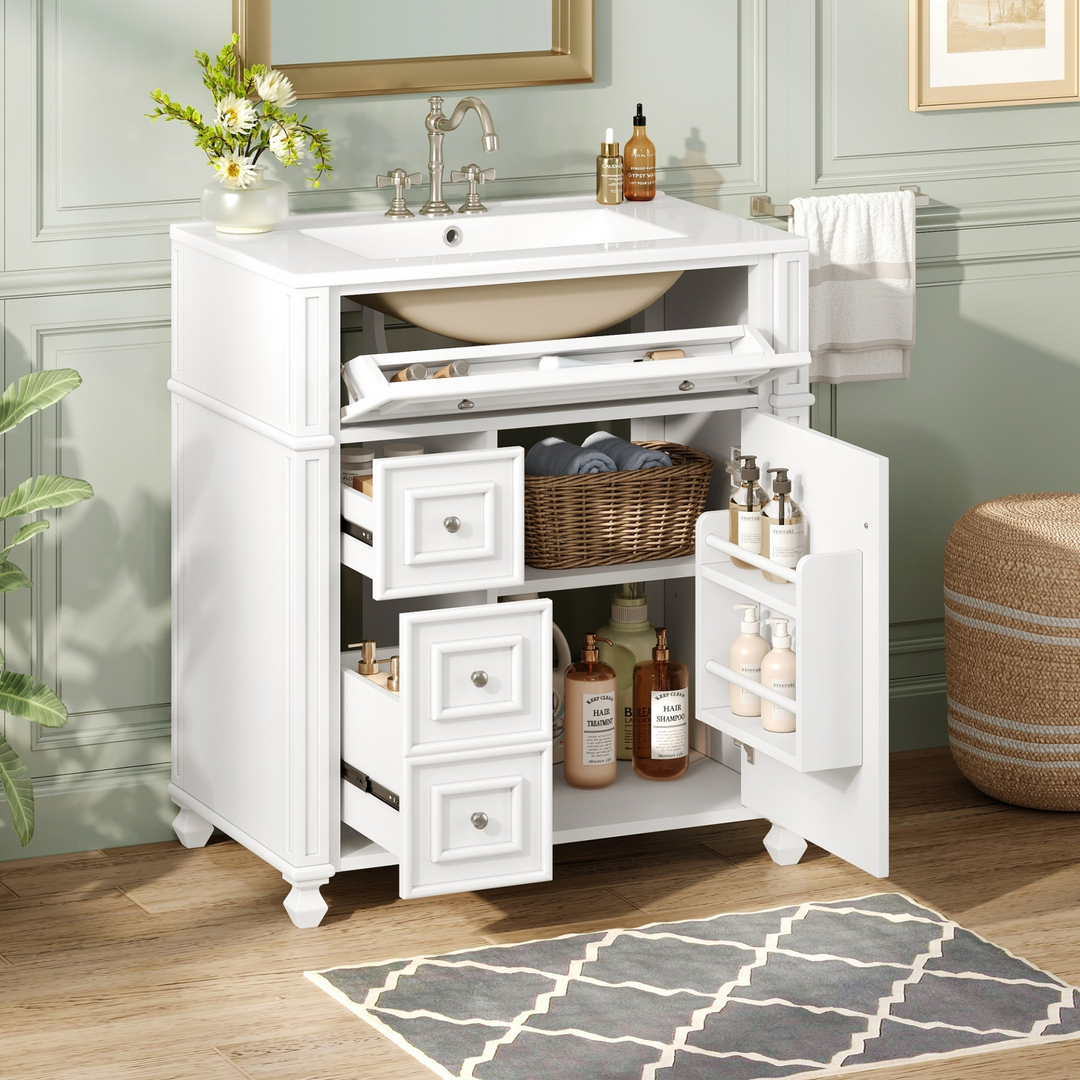 Buy farmhouse furniture Farmhouse Bathroom Vanity | Ceramic Sink Basin, Soft-Close Doors &amp; Storage Cabinet - Modern Cottage Farmhouse Furniture