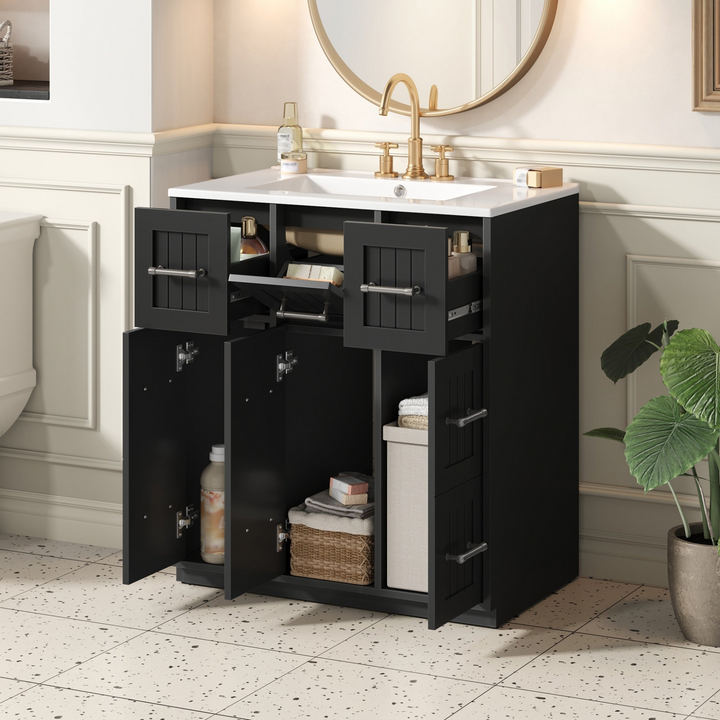 Buy farmhouse furniture Modern Bathroom Vanity Cabinet with Ceramic Sink, Drawers &amp; Storage for Bathroom Organization - Modern Cottage Farmhouse Furniture