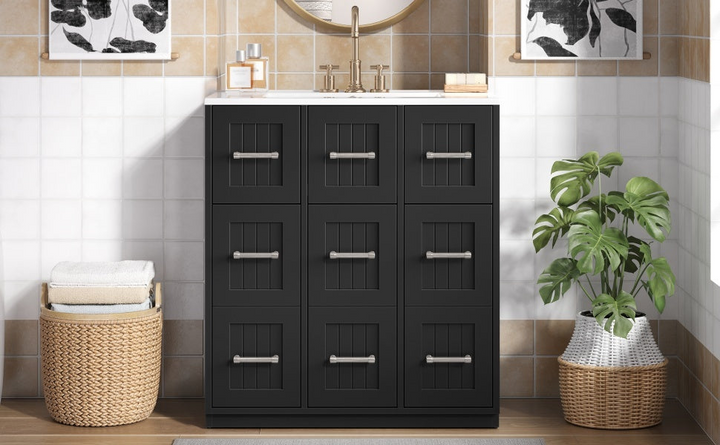 Buy farmhouse furniture Modern Bathroom Vanity Cabinet with Ceramic Sink, Drawers &amp; Storage for Bathroom Organization - Modern Cottage Farmhouse Furniture