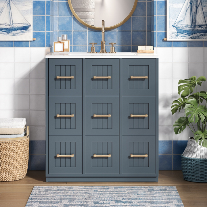 Buy farmhouse furniture Modern Bathroom Vanity Cabinet with Ceramic Sink, Drawers &amp; Storage for Bathroom Organization - Modern Cottage Farmhouse Furniture