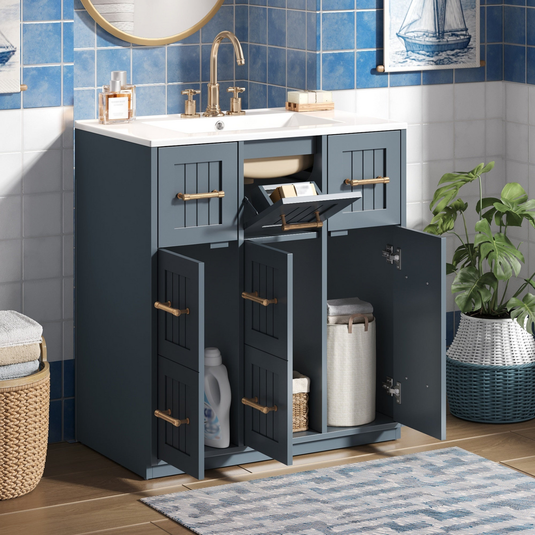 Buy farmhouse furniture Modern Bathroom Vanity Cabinet with Ceramic Sink, Drawers &amp; Storage for Bathroom Organization - Modern Cottage Farmhouse Furniture