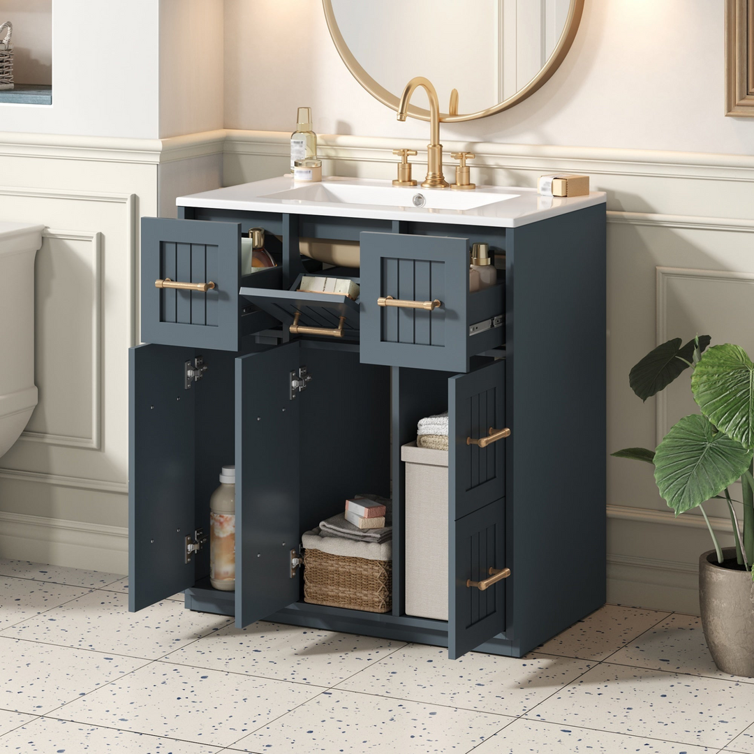 Buy farmhouse furniture Modern Bathroom Vanity Cabinet with Ceramic Sink, Drawers &amp; Storage for Bathroom Organization - Modern Cottage Farmhouse Furniture