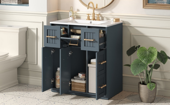 Buy farmhouse furniture Modern Bathroom Vanity Cabinet with Ceramic Sink, Drawers &amp; Storage for Bathroom Organization - Modern Cottage Farmhouse Furniture