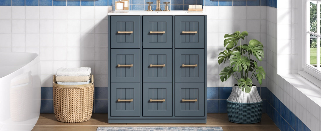Buy farmhouse furniture Modern Bathroom Vanity Cabinet with Ceramic Sink, Drawers &amp; Storage for Bathroom Organization - Modern Cottage Farmhouse Furniture