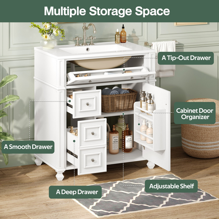 Buy farmhouse furniture Farmhouse Bathroom Vanity | Ceramic Sink Basin, Soft-Close Doors &amp; Storage Cabinet - Modern Cottage Farmhouse Furniture