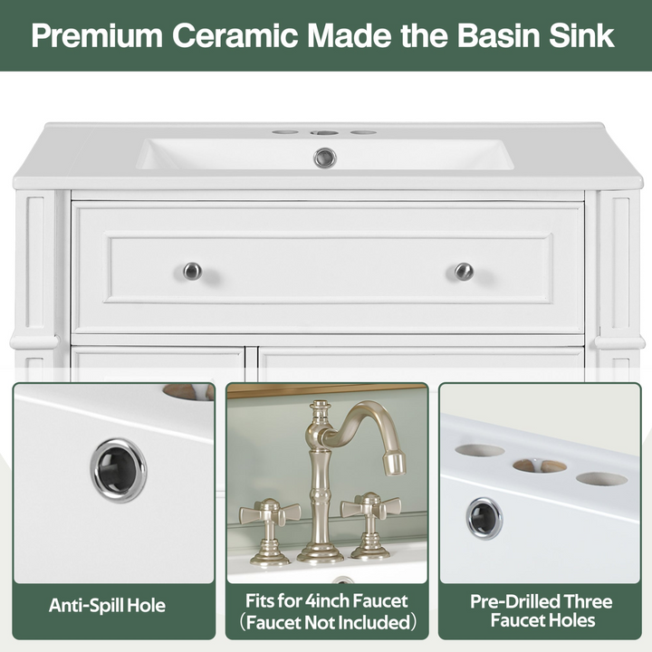 Buy farmhouse furniture Farmhouse Bathroom Vanity | Ceramic Sink Basin, Soft-Close Doors &amp; Storage Cabinet - Modern Cottage Farmhouse Furniture