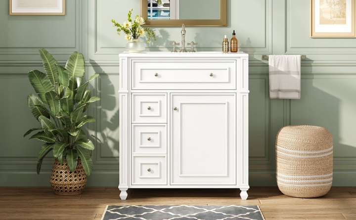 Buy farmhouse furniture Farmhouse Bathroom Vanity | Ceramic Sink Basin, Soft-Close Doors &amp; Storage Cabinet - Modern Cottage Farmhouse Furniture