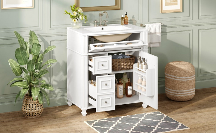 Buy farmhouse furniture Farmhouse Bathroom Vanity | Ceramic Sink Basin, Soft-Close Doors &amp; Storage Cabinet - Modern Cottage Farmhouse Furniture