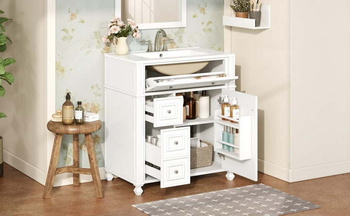 Buy farmhouse furniture Farmhouse Bathroom Vanity | Ceramic Sink Basin, Soft-Close Doors &amp; Storage Cabinet - Modern Cottage Farmhouse Furniture