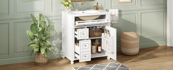 Buy farmhouse furniture Farmhouse Bathroom Vanity | Ceramic Sink Basin, Soft-Close Doors &amp; Storage Cabinet - Modern Cottage Farmhouse Furniture