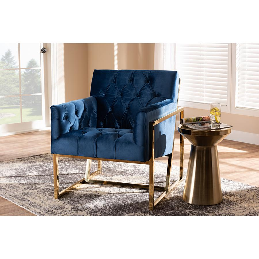 Boho Aesthetic Milano Navy Velvet Fabric Upholstered Gold Finished Lounge Chair | Biophilic Design Airbnb Decor Furniture 