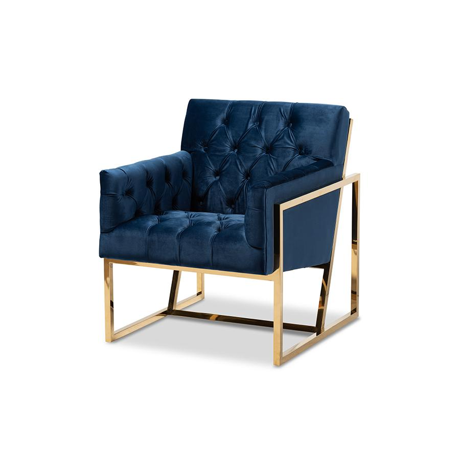 Boho Aesthetic Milano Navy Velvet Fabric Upholstered Gold Finished Lounge Chair | Biophilic Design Airbnb Decor Furniture 