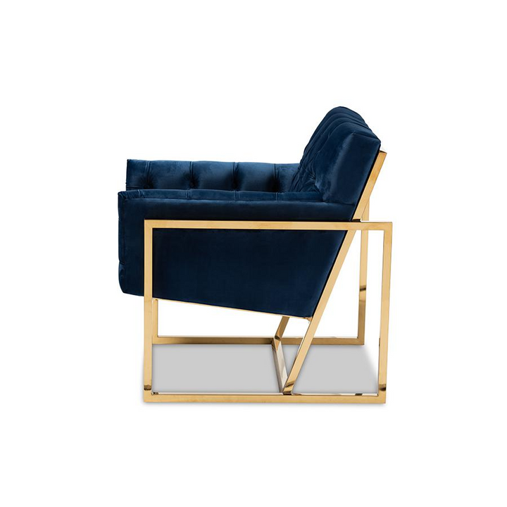 Boho Aesthetic Milano Navy Velvet Fabric Upholstered Gold Finished Lounge Chair | Biophilic Design Airbnb Decor Furniture 