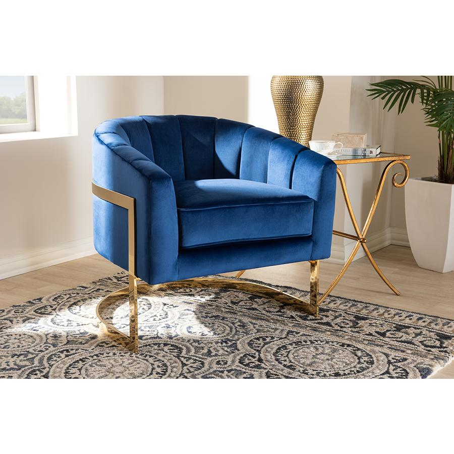 Boho Aesthetic Tomasso Glam Royal Blue Velvet Fabric Upholstered Gold-Finished Lounge Chair | Biophilic Design Airbnb Decor Furniture 