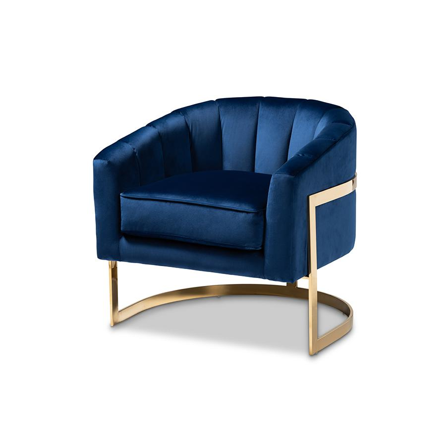 Boho Aesthetic Tomasso Glam Royal Blue Velvet Fabric Upholstered Gold-Finished Lounge Chair | Biophilic Design Airbnb Decor Furniture 