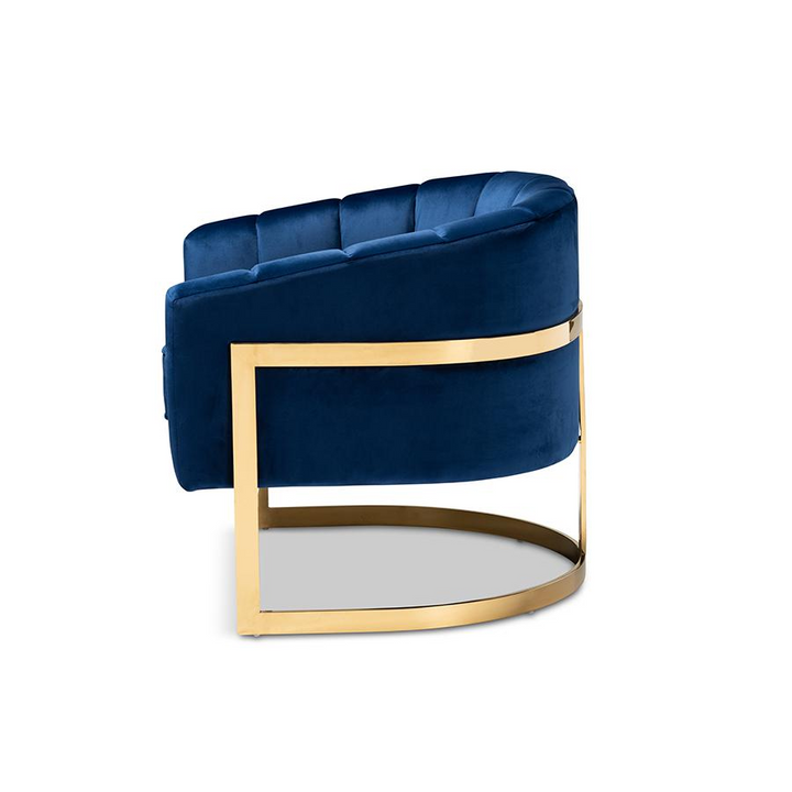 Boho Aesthetic Tomasso Glam Royal Blue Velvet Fabric Upholstered Gold-Finished Lounge Chair | Biophilic Design Airbnb Decor Furniture 