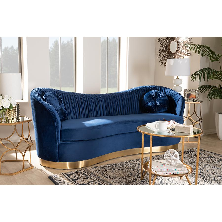 Boho Aesthetic Nevena Glam Royal Blue Velvet Fabric Upholstered Gold-Finished Sofa | Biophilic Design Airbnb Decor Furniture 