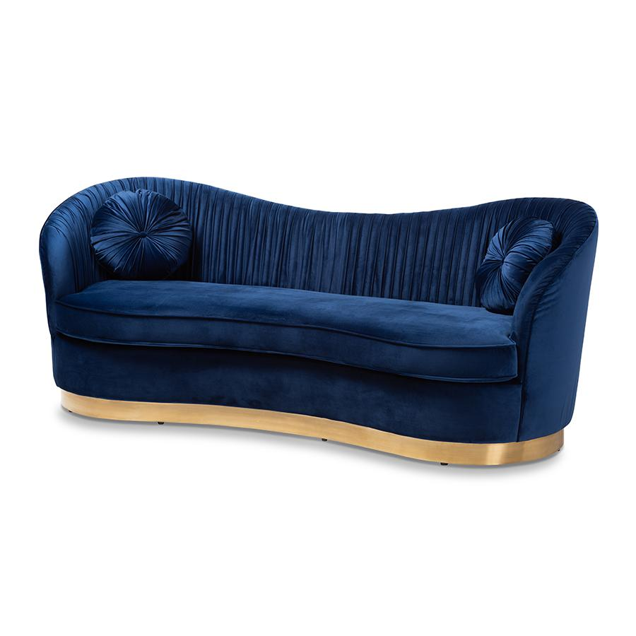 Boho Aesthetic Nevena Glam Royal Blue Velvet Fabric Upholstered Gold-Finished Sofa | Biophilic Design Airbnb Decor Furniture 