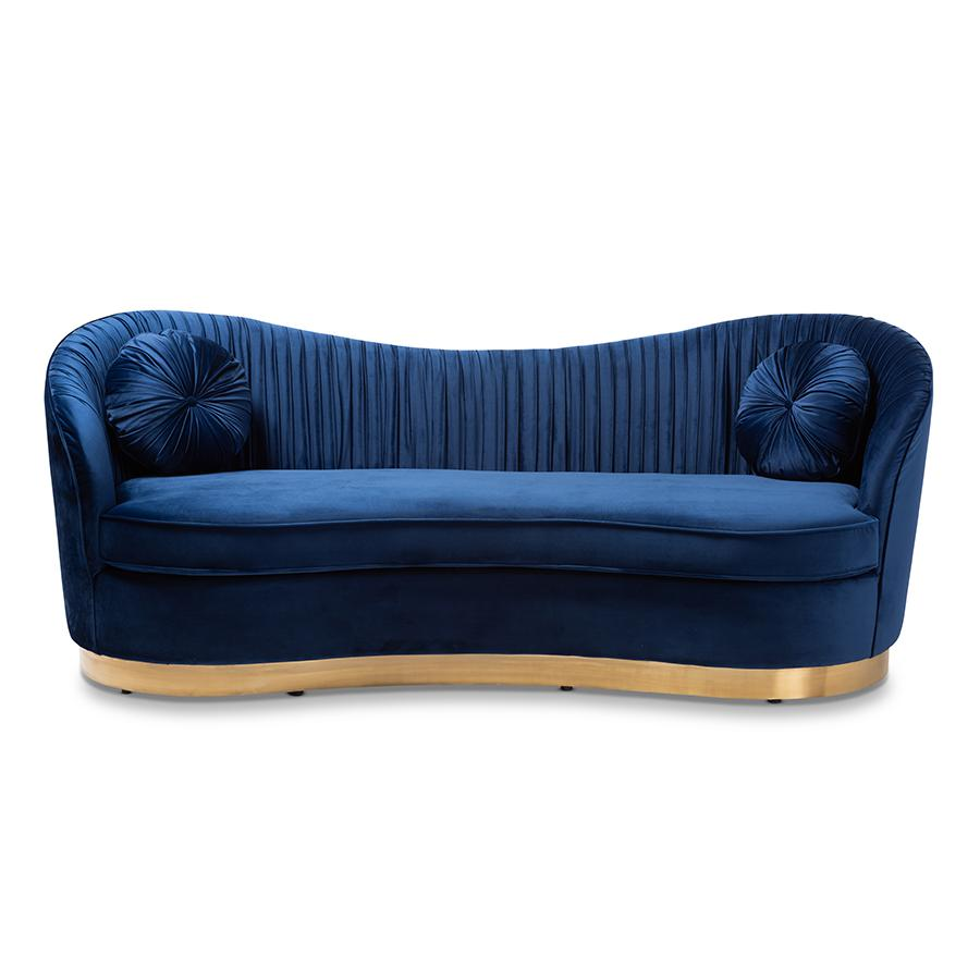 Boho Aesthetic Nevena Glam Royal Blue Velvet Fabric Upholstered Gold-Finished Sofa | Biophilic Design Airbnb Decor Furniture 