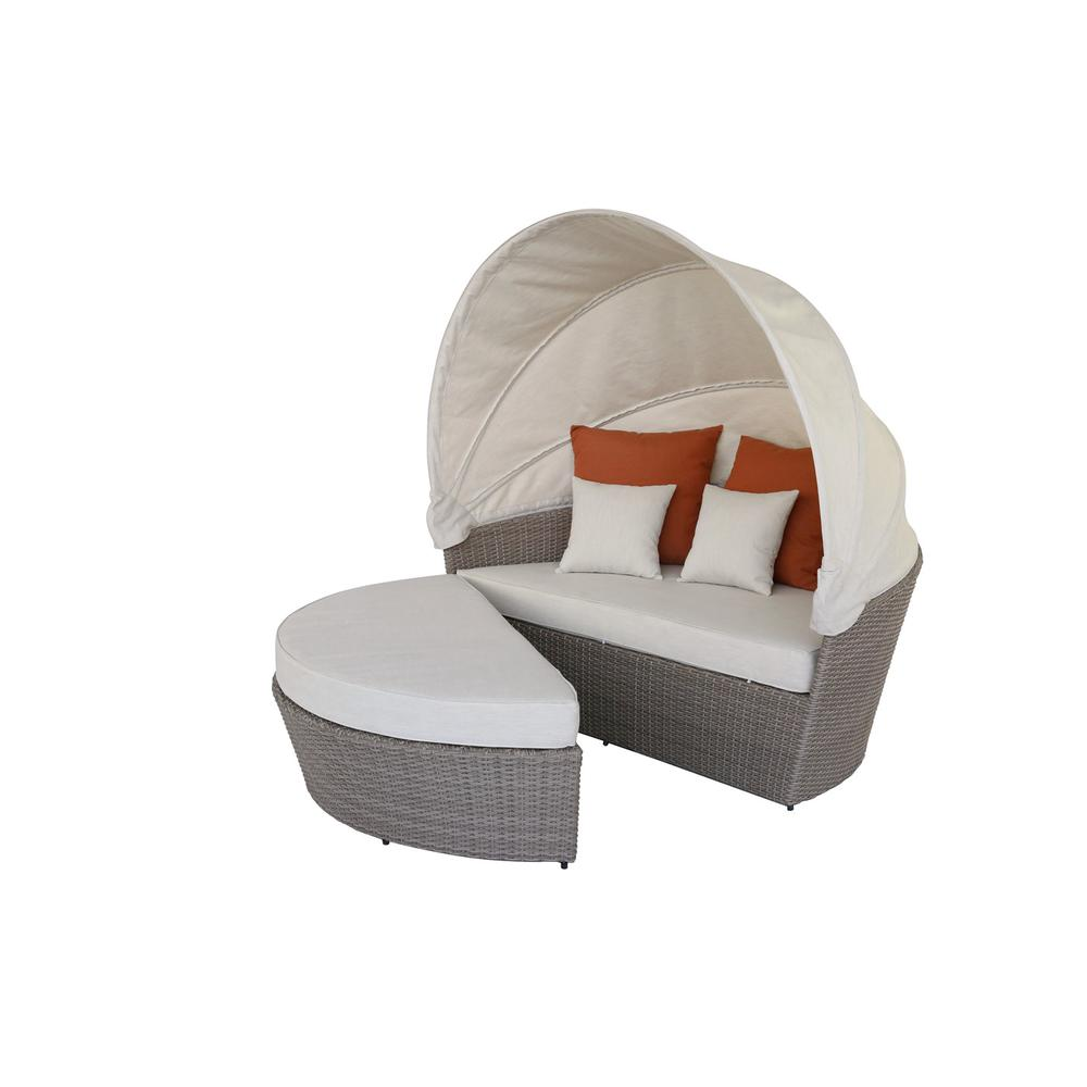 Boho Aesthetic Salena Patio Canopy Sofa & Ottoman, Beige Fabric & Gray Wicker | Biophilic Design Airbnb Decor Furniture 