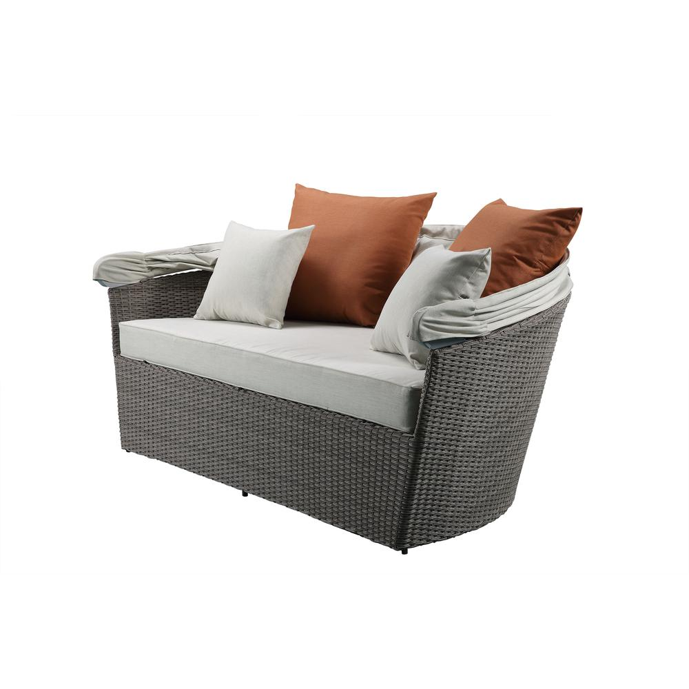 Boho Aesthetic Salena Patio Canopy Sofa & Ottoman, Beige Fabric & Gray Wicker | Biophilic Design Airbnb Decor Furniture 