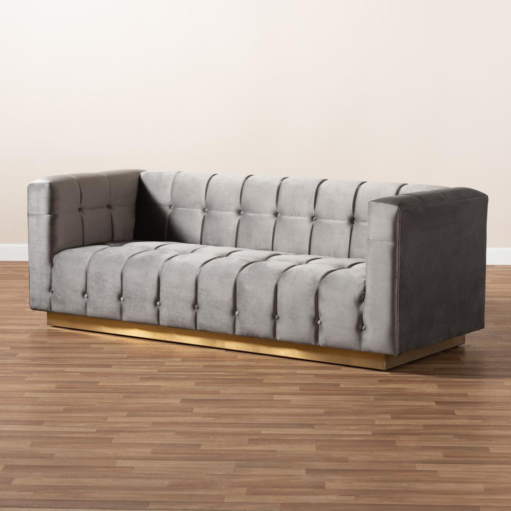 Boho Aesthetic Opulent Luxe Grey Velvet Fabric Upholstered Brushed Gold Finished Sofa | Biophilic Design Airbnb Decor Furniture 