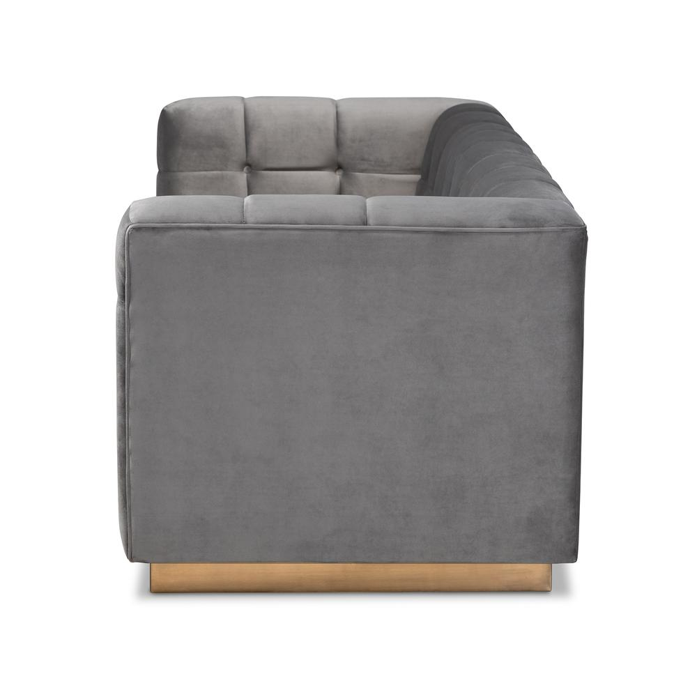 Boho Aesthetic Opulent Luxe Grey Velvet Fabric Upholstered Brushed Gold Finished Sofa | Biophilic Design Airbnb Decor Furniture 