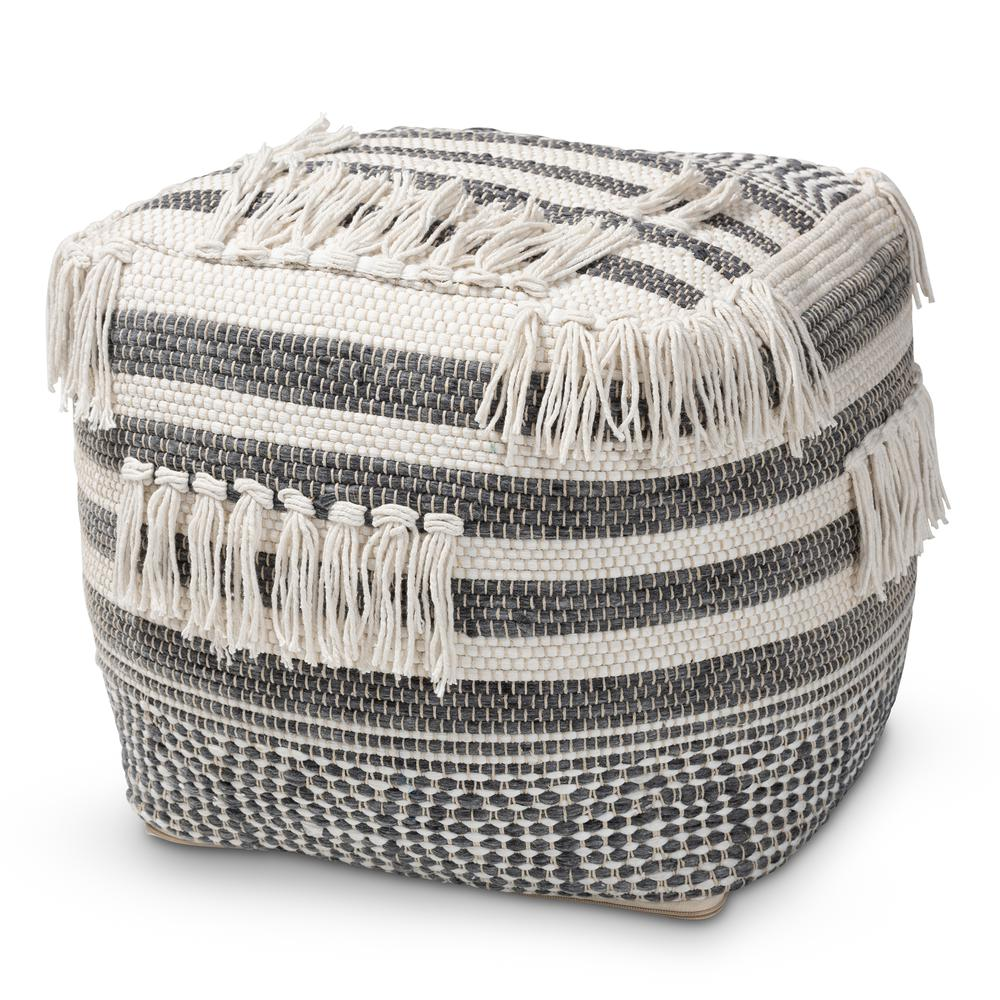 Boho Aesthetic Kirby Moroccan Inspired Grey and Ivory Handwoven Cotton Pouf Ottoman | Biophilic Design Airbnb Decor Furniture 