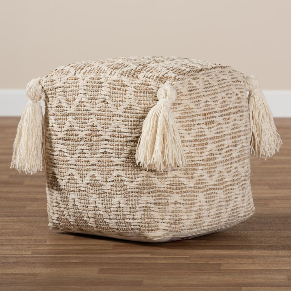 Boho Aesthetic Moroccan Inspired Natural and Ivory Handwoven Cotton and Hemp Pouf Ottoman | Biophilic Design Airbnb Decor Furniture 