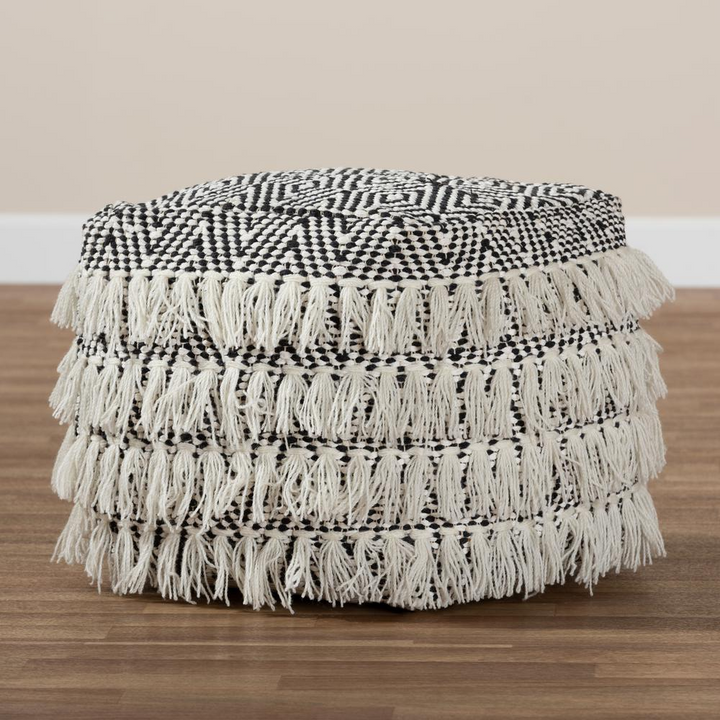 Boho Aesthetic Alain Moroccan Inspired Black and Ivory Handwoven Wool Tassel Pouf Ottoman | Biophilic Design Airbnb Decor Furniture 